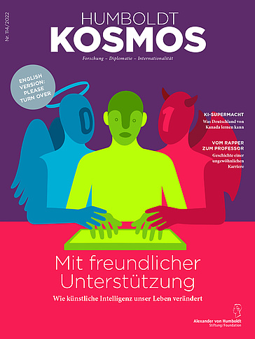 Cover des Magazins mit Symbolbild für Vor- und Nachteile künstlicher Intelligenz: Ein Mensch, zwischen einer Engels- und einer Teufelsfigur, berührt mit seinen Händen einen Tablet-PC.